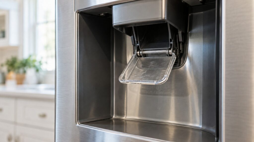 A close view of the small flap at the end of a refrigerator door ice dispenser chute