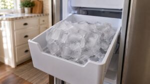 A refrigerator ice bin pulled out showing cubes fused into a single solid block