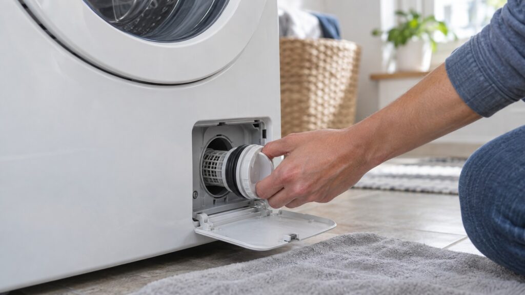 The lower front access panel of a washing machine open with the drain pump filter being unscrewed
