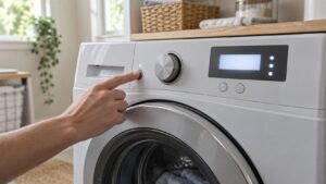 A front load washing machine control panel displaying a short diagnostic code