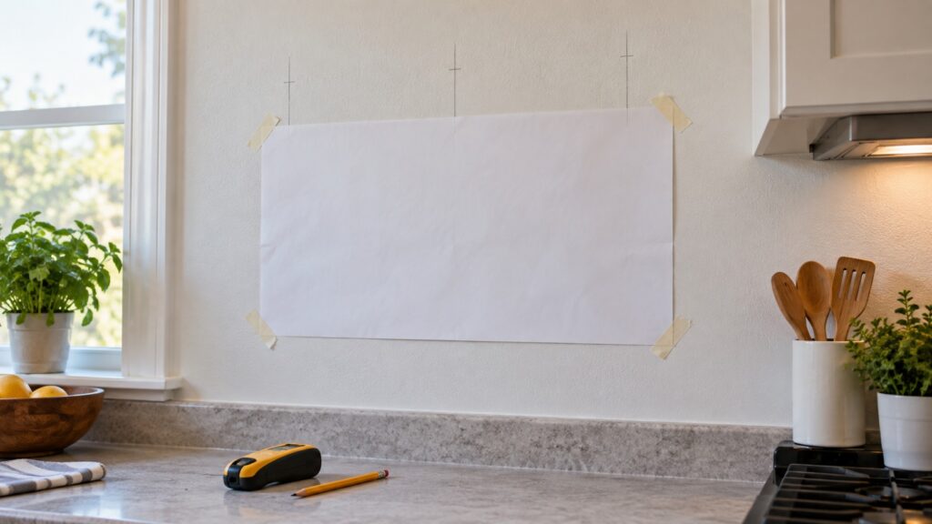 A paper mounting template taped to a kitchen wall with stud positions marked in pencil