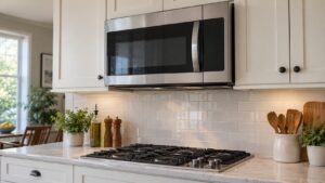 An over the range microwave mounted above a cooktop between kitchen wall cabinets