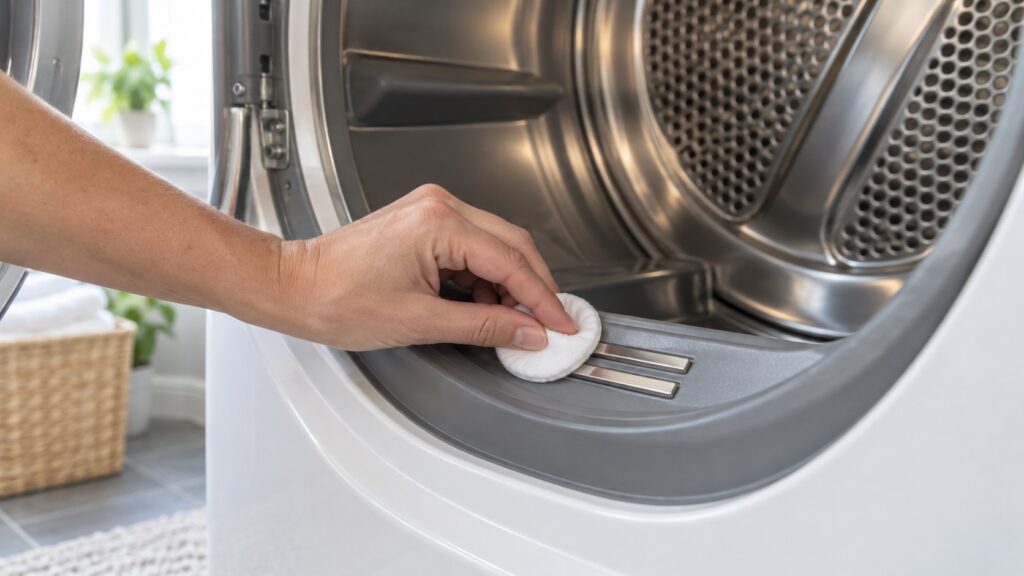 A cotton pad wiping two small metal sensor strips inside the front of a dryer drum