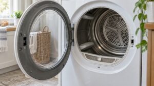 An open dryer drum with the lint filter housing visible at the front opening