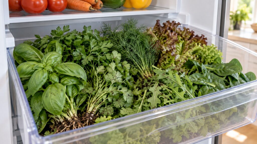 Fresh herbs and salad leaves stored unwashed in a refrigerator crisper drawer