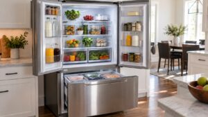 A French door refrigerator standing open showing both the fresh food shelves and the freezer drawer