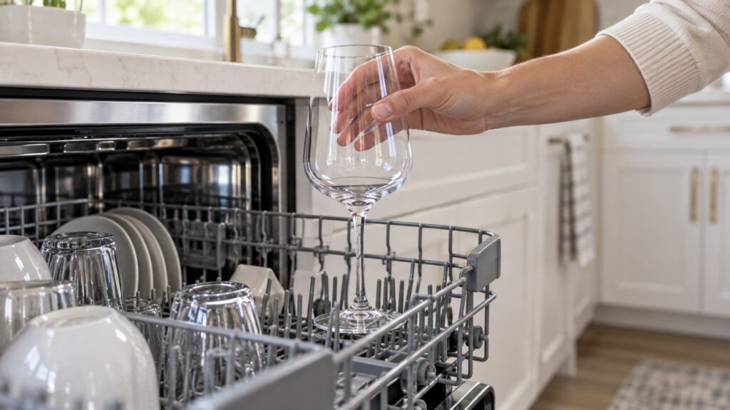 A tall stemmed glass being test fitted into the upper rack of a dishwasher