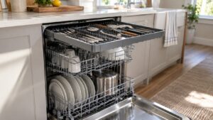 An open dishwasher with a shallow third rack across the top holding flat utensils